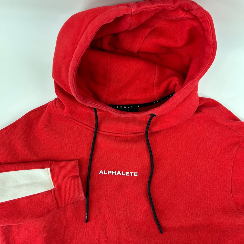 Alphalete Hoodie Men Medium Red White Stripe Athletic Pullover Gym Streetwear